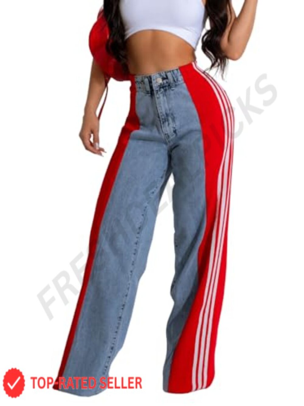 Womens High Waisted Wide Leg Jeans Patchwork Side Stripes Stretch